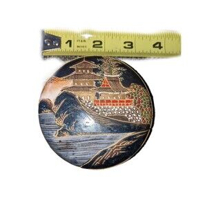 Japanese Trinket Box Black And Gold Color Porcelain Temple River Mt Fiji READ